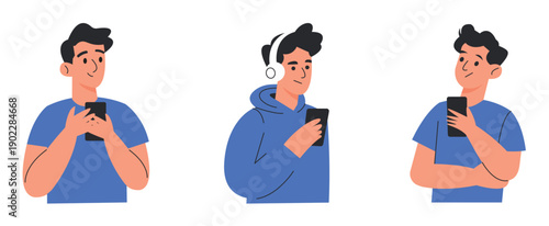 Set of casual young men interacting with mobile devices and technology vector illustration.
