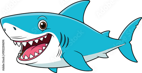 Cartoon blue shark illustration with cheerful smile, sharp teeth, playful marine animal artwork for children’s books, ocean life, and educational content