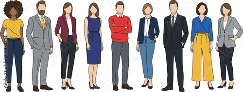 Cartoon illustration of diverse professionals in business casual attire, team group artwork representing workplace fashion, corporate diversity, and organizational setting