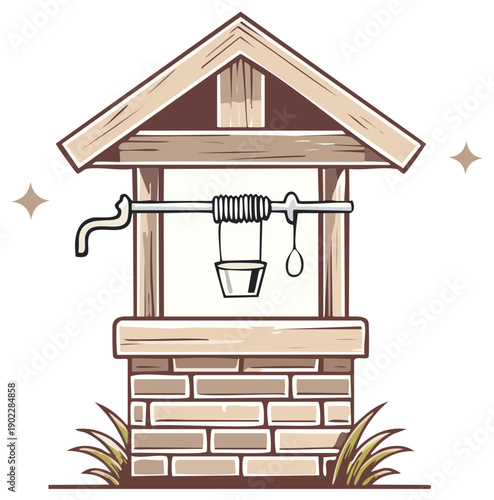 Cartoon illustration of a water well with bucket and roof, building concept