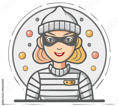 Female Bandit Character Wearing Striped Outfit and Mask Smiling