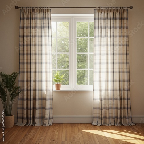 Plaid curtains frame a bright window with a small potted plant. A tall plant in a woven basket stands on the wooden floor with sunlight casting shadows.