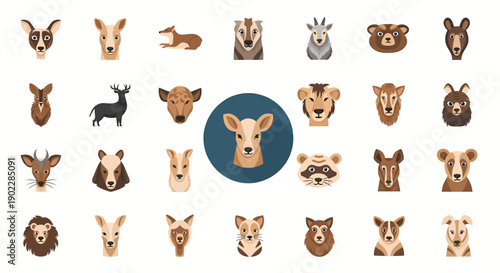 Collection of various animal heads in a cartoon style on a white background