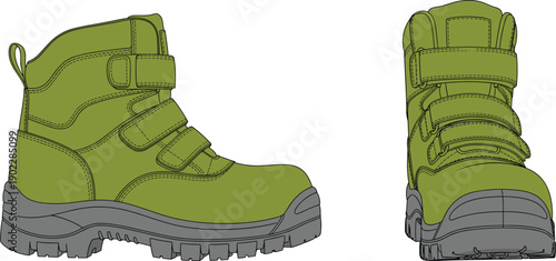 Illustration of rugged olive-green outdoor boots with Velcro straps, thick soles, reinforced stitching, durable footwear design for hiking and heavy-duty use