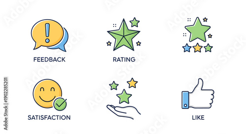 Colorful icons illustrate feedback and satisfaction concepts with stars and symbols.