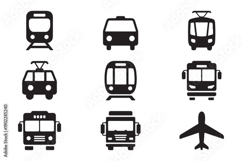 Public transportation black and white icons set, including various trains, trams, buses, and airplane