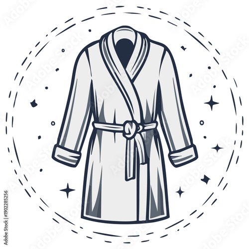 Cozy white bathrobe illustration with tie belt and starry decorative frame