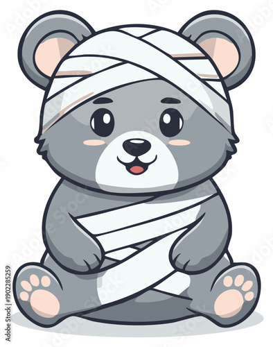 Cute cartoon injured gray bear with head and body bandages sitting