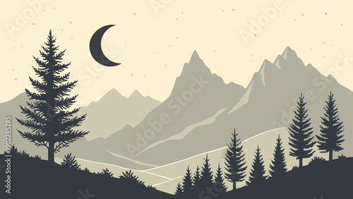 Serene Mountain Landscape with Silhouetted Trees and Crescent Moon at Night