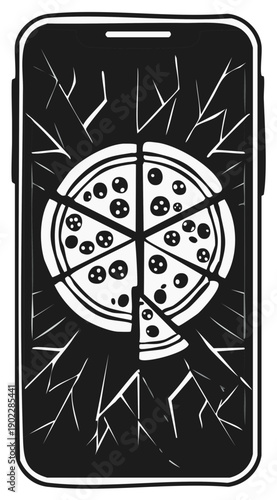 Smartphone Screen with Shattered Glass and Pizza Illustration, Concept of Digital Food, Online Ordering