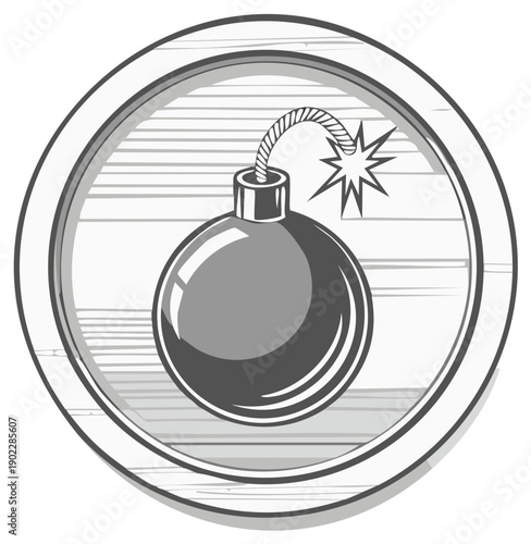 Round Bomb Icon with Lit Fuse and Starburst Detail in Circular Frame