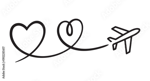 Airplane flying leaving heart shaped trail symbolizing love travel and romance with white background
