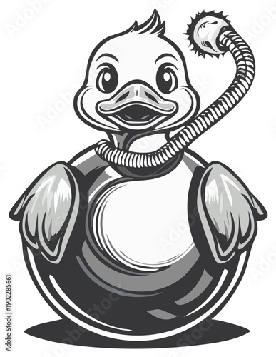 Cartoon character duck toy with snake around neck in monochrome style