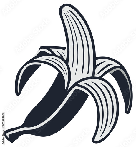 Stylized Black and White Graphic Illustration of a Partially Peeled Banana