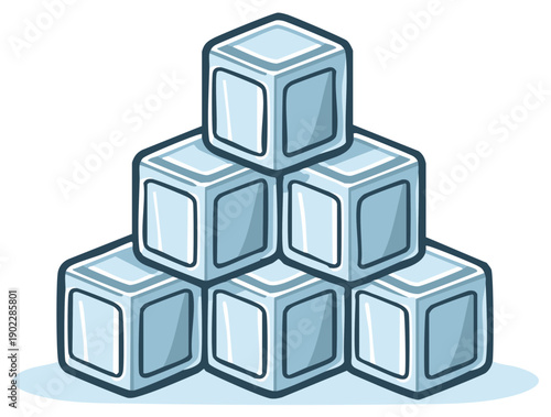 Six clear ice cubes stacked in a pyramid shape symbolizing refreshment and coolness