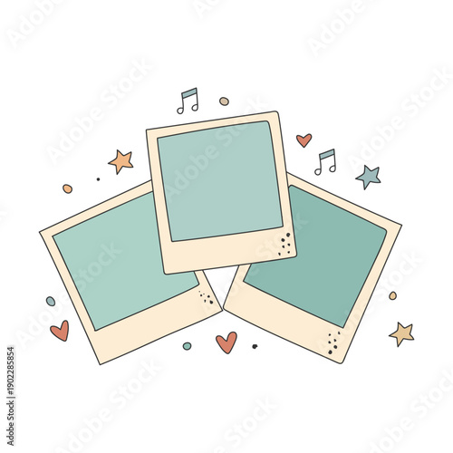Three Blank Retro Photo Frames With Musical Notes And Hearts