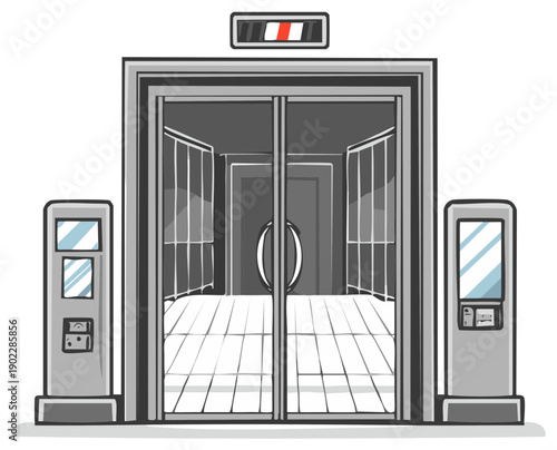 Modern automatic sliding doors opening to a brightly lit interior hallway with display screens