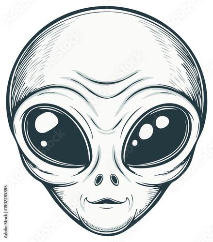 Cartoon illustration of a friendly alien face with large dark eyes and a small smile