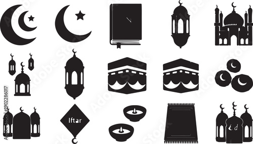 Ramadan Kareem mosque silhouette under a large moon and crescent symbolizing Islamic holy month suitable for greeting cards and cultural events