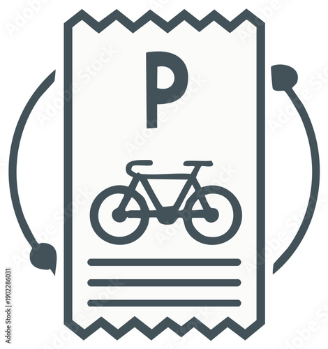 Bike parking ticket icon with bicycle symbol and recycle arrows, parking sign