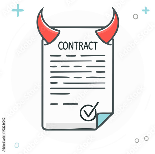 Deceptive contract document with devil horns and tick mark signifying agreement