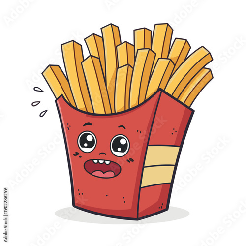Cartoon illustration of cheerful French fries in red box  