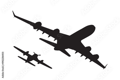 Large airplane and small propeller plane silhouette flying in sky for aviation industry and travel concepts