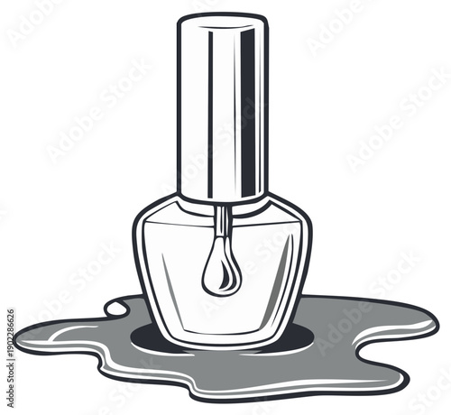 Nail polish bottle with applicator and spilled puddle, manicure or pedicure illustration.