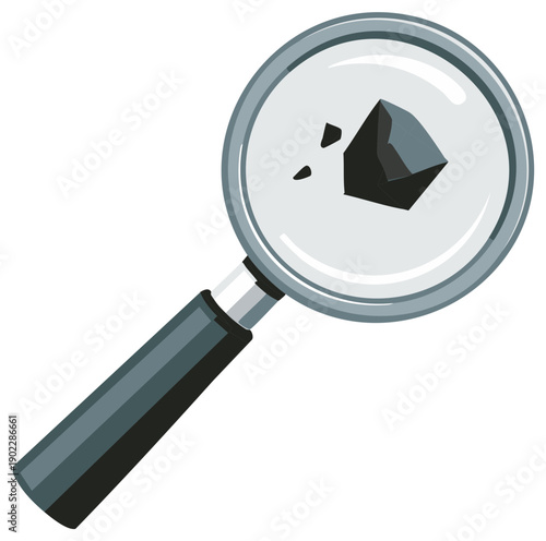 Magnifying glass examining dark mineral rocks and stone fragments, symbolizing exploration and discovery.