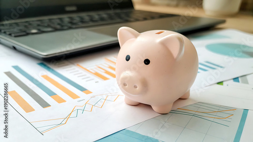A pink piggy bank sits on financial papers and a laptop in a workspace for saving money