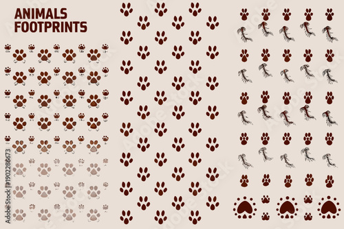 Collection of animal footprints and paw prints in varying styles