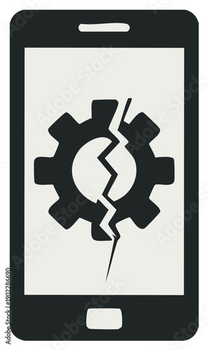 Smartphone with broken gear symbolizing technical issue or software malfunction