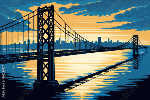 A vibrant illustration of the bay bridge at sunset with a city skyline