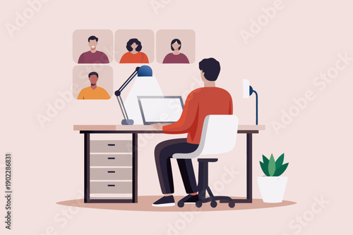 Man working remotely at desk with video conference call displayed