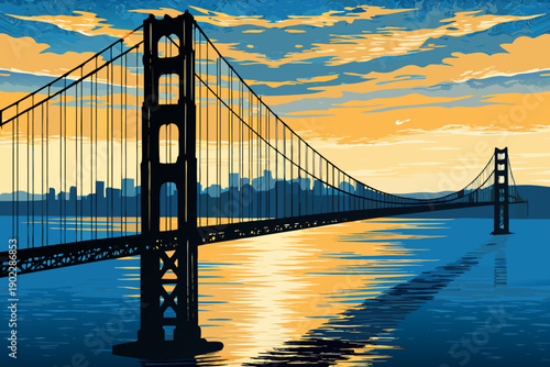 Golden gate bridge at sunset with city skyline and water reflection