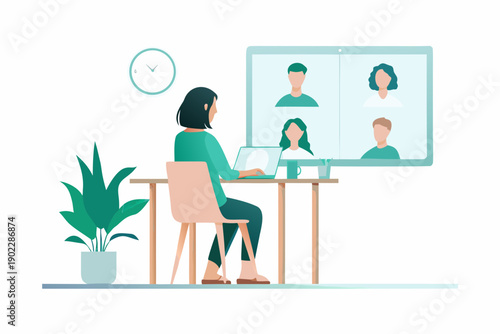 Woman participates in a video conference call while working from home