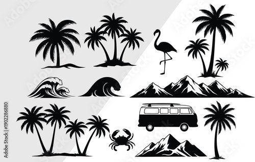 Summer Travel Vector Silhouettes Set: Palm Trees, Ocean Waves, Mountains, Flamingo, Crab, Camper Van Icons isolated on white