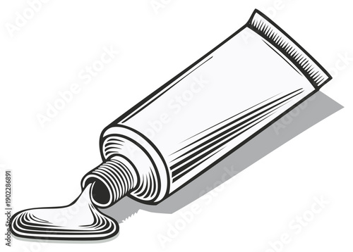 Illustration of a squeezed open toothpaste tube with paste oozing out on a white background
