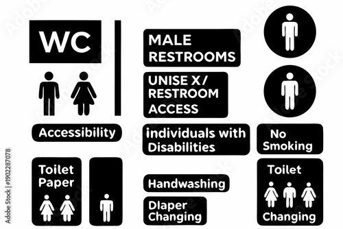 Collection of restroom and accessibility signage in black and white