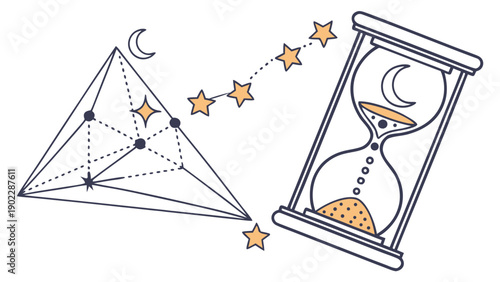 Celestial Connection: Hourglass and Pyramid Under Starry Night Sky