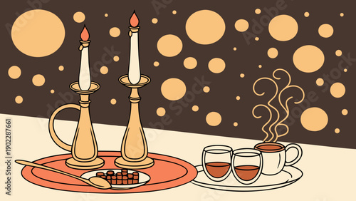 Cozy Evening Setup with Candles, Chocolate, and Steaming Tea, Relaxing Ambiance and Warm Lighting