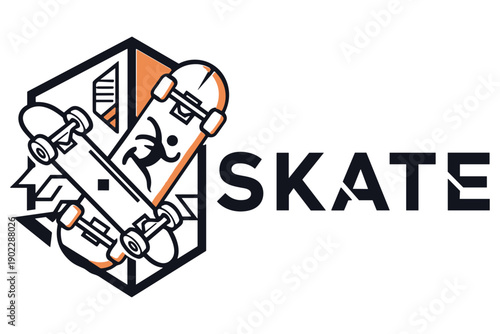SKATE" wordmark logo featuring two skateboards crossed with a geometric design and the word SKATE beside it, illustrating extreme sports and urban culture lifestyle