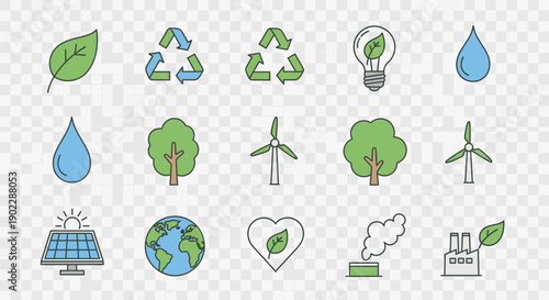 A comprehensive collection of environmental protection and green energy icons.
