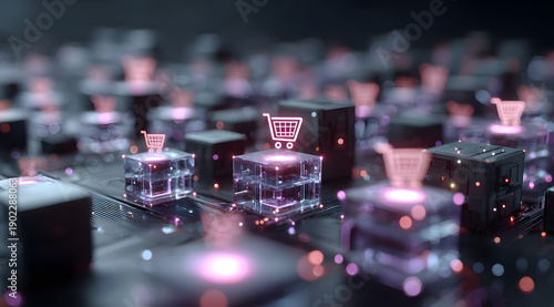 Digital ecommerce network with connected users and shopping cart icons inside data servers, representing online commerce, customer connections, data flow, technology driven retail systems.