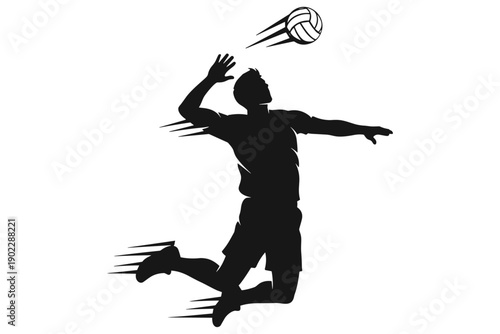 Silhouette of a volleyball player in mid-air, spiking the ball with dynamic motion lines