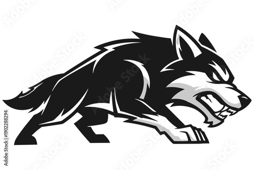 Dynamic aggressive black and white wolf illustration capturing the fierce spirit and primal energy of a wild predator in a striking graphic design, perfect for mascots or powerful branding