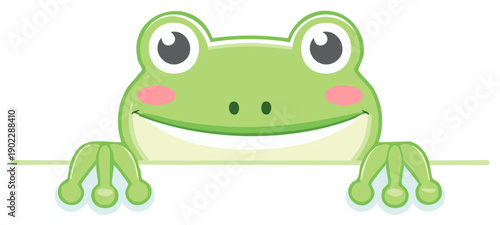 Cute green cartoon frog peeking over a blank white sign with a friendly smile