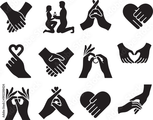 Collection of hands forming heart shapes, shaking hands, proposing and other love gestures