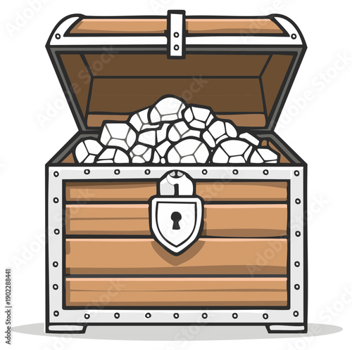 Open treasure chest overflowing with sparkling gemstones and precious jewels inside a wooden box