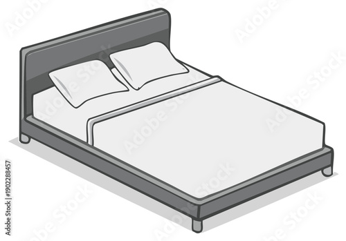 Isometric illustration of a grey bed with pillows and bedding